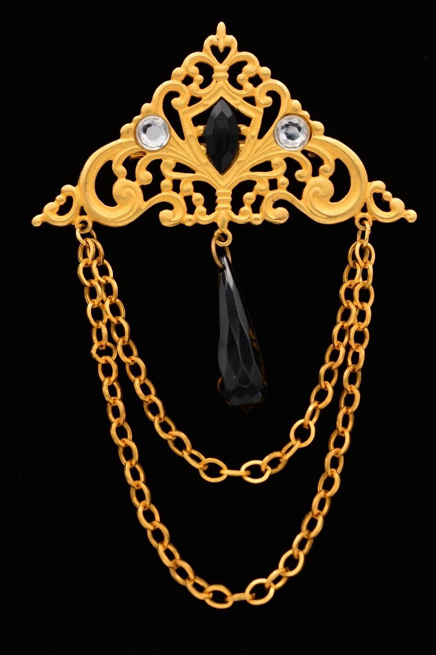 Vintage Chain Pin Brooch Brushed Gold Matte Black White Crystal Dangle 90s Bin7